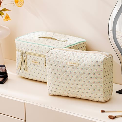 HBselect Quilted Makeup Bag Set, 3-Piece Cotton Travel Organizer