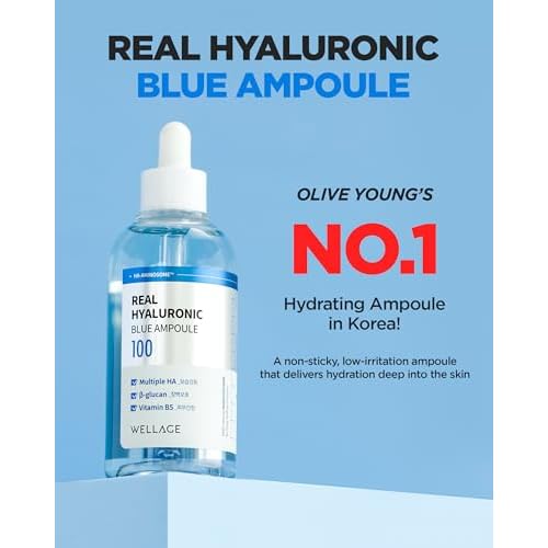 WELLAGE Real Hyaluronic Blue Ampoule 100, Korean Skincare, Fragrance Free Hyaluronic Acid Serum with Panthenol, Wild yam, Centella for Sensitive Dry Skin Moisturizer 1.01 fl.oz