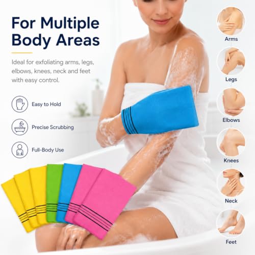 Tatuo 12 Pack Korean Exfoliating Body Mitts - 4 Colors, 8 x 5.5 in, Handheld Body Scrub Gloves for Smooth Skin