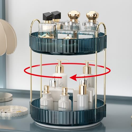 360° Rotating Makeup Organizer - 2-Tier Cosmetic Holder in Blue