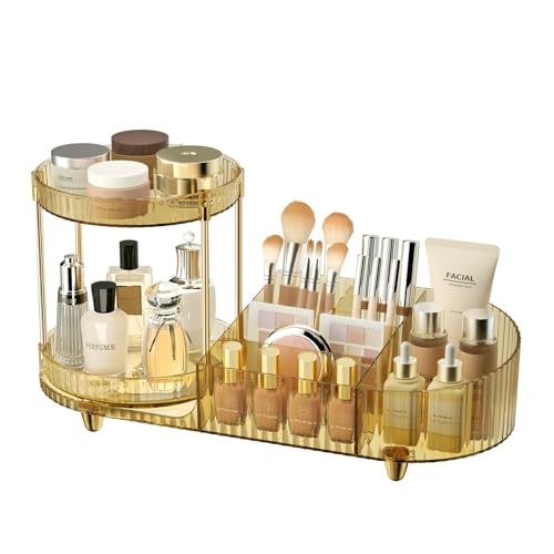 Rotating Makeup Organizer with 2 Perfume Trays & 5 Compartments - Space Saving Vanity Storage