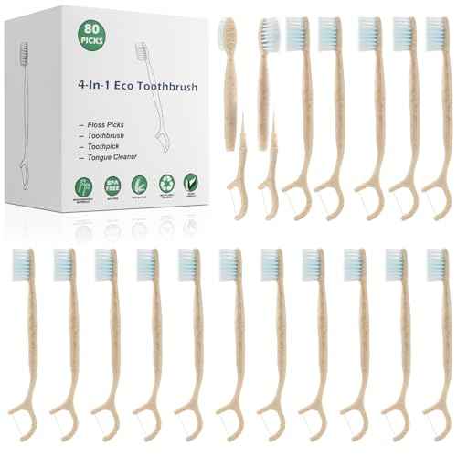 Travel Toothbrush Dental Floss Picks - 4 in 1 Biodegradable Disposable Toothbrushes with Tongue Scraper, Eco-Friendly Individually Wrapped Toothbrush for Adult Kids Travel Oral Care, 80 Pack