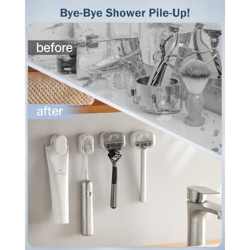 BEZOX Wall Mounted Razor Holder (2-Pack) ? Auto-Closing Dust Cover, No-Drill Adhesive Mount Razors Hanger for Shower & Bathroom ? Sleek Razor Stand for Men, Safety Razor Organizer with Secure Hooks