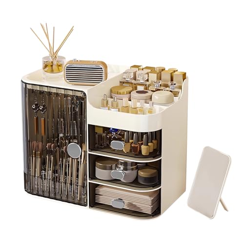 DASITON Makeup Organizer for Vanity,Large Capacity Makeup Storage Organizer with 3-Layer Drawers and Mirror,Cosmetics Display Case Make up Organizers for Vanity,Bedroom,Countertop(Black-Cream)