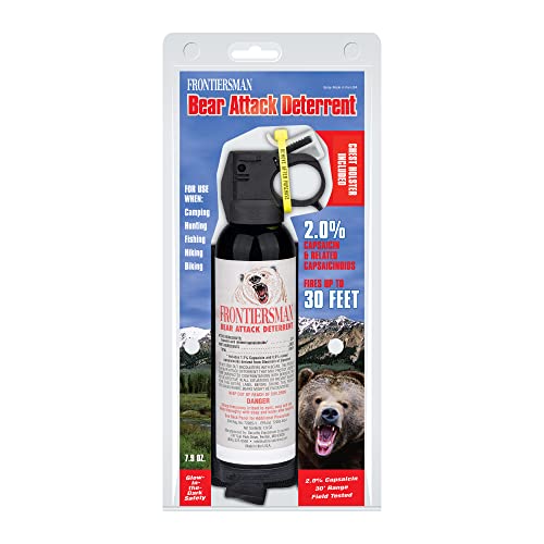 SABRE Frontiersman 7.9 fl oz. Bear Spray, Maximum Strength 2.0% Major Capsaicinoids, Powerful 30 ft. Range Bear Deterrent, Outdoor Camping & Hiking Protection, Quick Draw Holster & Multipack Options