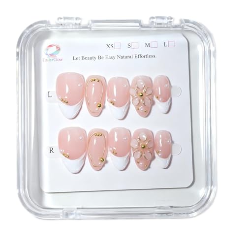 EasierGlow Handmade Short Almond French Press-On Nails - 10 Pcs with Gold Floral Accents