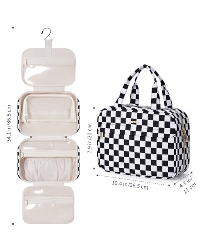 Narwey Hanging Toiletry Bag for Women - Black Checkered Makeup Organizer