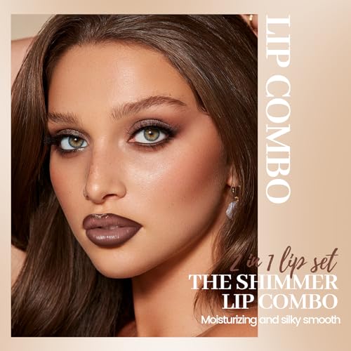 Lip Combo Sets, Brown Plumping Lip Contour Liner Pencil and Nude Lipstick Combo, Matte Highly Pigmented Lip Liner Moisturizing High Shine Shimmer Long Lasting Lipstick Stain Makeup04