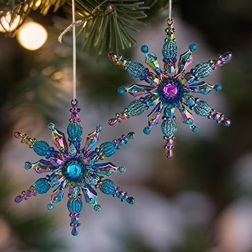 The Bridge Collection Peacock Inspired Snowflake Ornaments, Set of 2 Blue Green and Purple Snowflakes for Peacock Themed Christmas Tree