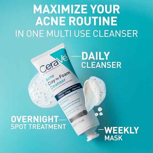 CeraVe Clay To Foam Acne Face Wash, Multi-Use Salicylic Acid & Kaolin Clay Acne Spot Treatment Clears Pimples & Blackheads, Prevents Breakouts, Hydrates & Soothes, Fragrance-Free, Non-Comedogenic, 4oz