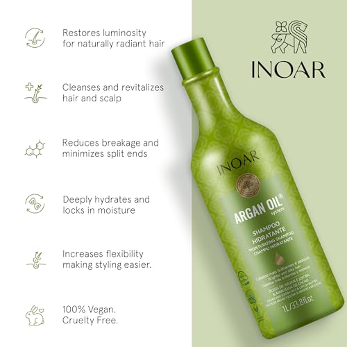 INOAR Argan Moist Shampoo with Moroccan Argan Oil for Deep Hydration, Shine & Softness, 33.8 Fl Oz