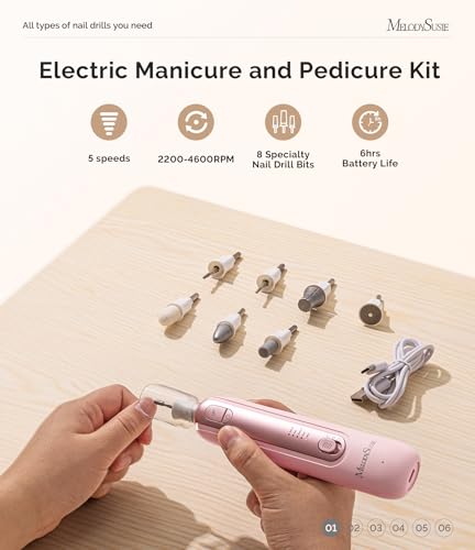 MelodySusie Cordless Nail Drill Kit - 8-in-1 Bits, 5 Speeds, 360° LED