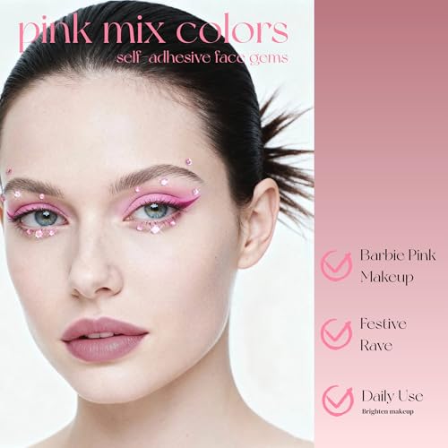 Pink Face Gems Self-Adhesive Hair Jewels,Bling Heart Star Jewels for Valentine's Day Makeup, Festival, Stick on Gems Rhinestones Stickers, Pink Face Glitter Rave Accessories for Women Girls