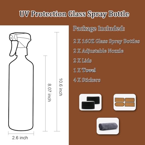 OFFIDIX Glass Spray Bottles for Cleaning,16 OZ 2 Pack Continuous Empty Water Mister Spray Bottles for Hair,Plants Mister,Adjustable Nozzle,Black