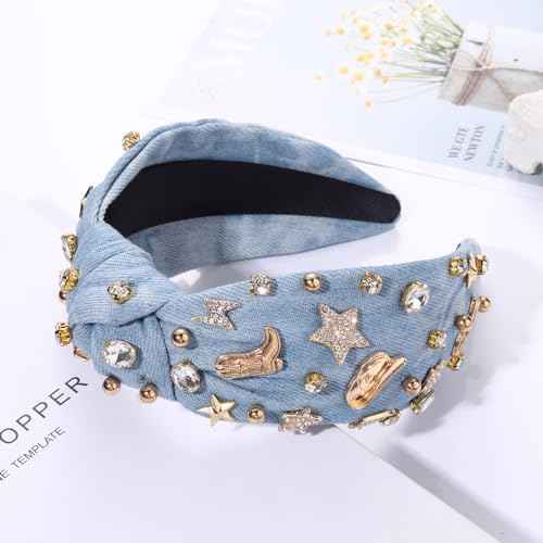 MOLOCH Western Headband Cowgirl Headband for Women Cowboy Boot Hat Stars Knotted Head Band Crystal Jeweled Top Knot Hairband Western Country Concert Hair Accessories Bachelorette Outfit Gifts