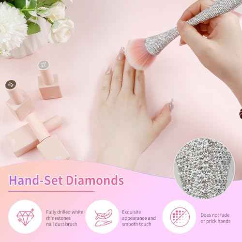 Nail Dust Brush with Shiny Rhinestones, Dust Brush for Nails, Fluffy Nail Duster Brush for Acrylic Nails Powder Remover, Acrylic Cleaning Brush Acrylic Nail Tools