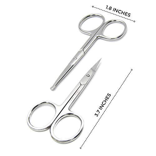Pack of 2 Curved & Rounded Blunt Tip TSA Stainless Steel Small Scissors for Eyebrows & Eyelashes for Beard Trimming & Moustache, Baby Scissors for Nails, Nose & Facial Hair Scissor.