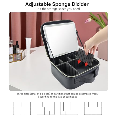 Travel Makeup Bag with LED Mirror with 3 Lighted Settings, Adjustable Dividers, Makeup Brush Storage Bag and Jewelry Case Black