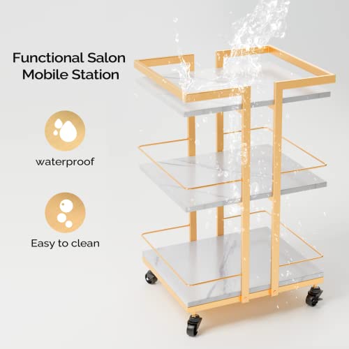 Gold Salon Rolling Cart with 3 Shelves & Lockable Wheels