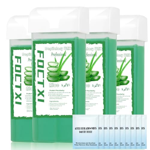 Roll on Wax Cartridge, 4 Hair Removal Aloe Vera £×ax Cartridge with 10 Pack Cleaning Oil Wipes, Depilatory Wax Roller Refill for Women Sensitive Skin
