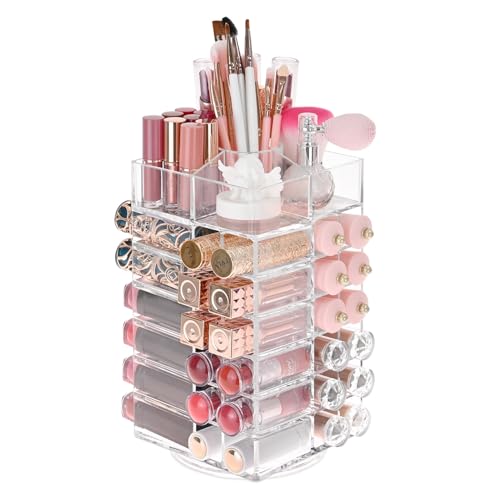Ikee Design Lipstick Organizer with 53 Slots 360 Degree Rotating Spinning Acrylic Lip Gloss Organizer for Makeup, Lipsticks, Brushes, Cosmetic Storage Display, Bathroom, Vanity, Countertop