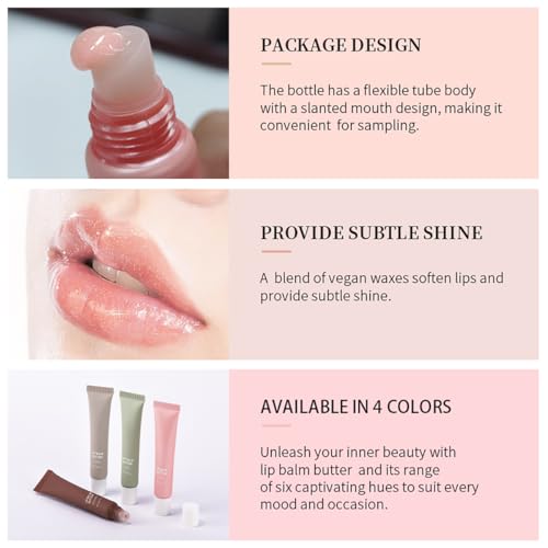 4 Colors Butter Lip Balm Lip Tint Nourishing Lip Gloss, High Shine Nude Color Hydrating Lip Care with Natural Ingredients (4 Flavors, 0.5oz)