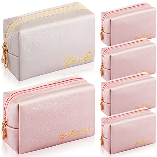 Hillban 6 Pcs Bride & Bridesmaid Makeup Bags Set - Waterproof PU Leather