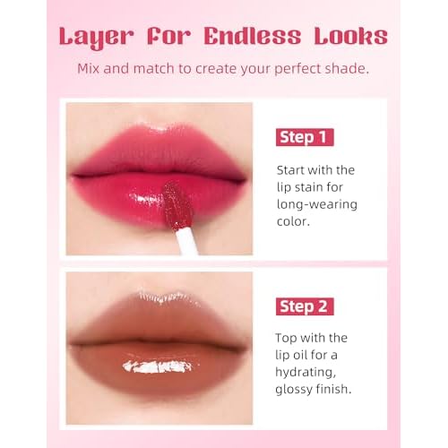 bayfree Tinted Lip Oil & Lip Stain Set, Waterproof & Long-Wearing Korean Makeup, High-Shine & Moisturizing 2-in-1 Cheek and Lip Tint Stain, Lightweight & Non-Sticky for Dry Lips, Cruelty-Free & Vegan