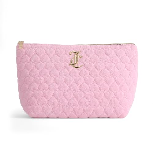 Juicy Couture Pink Makeup Bag Cosmetics Organizer Travel Essentials Top Zip Pouch Terry Cloth Quilted Heart