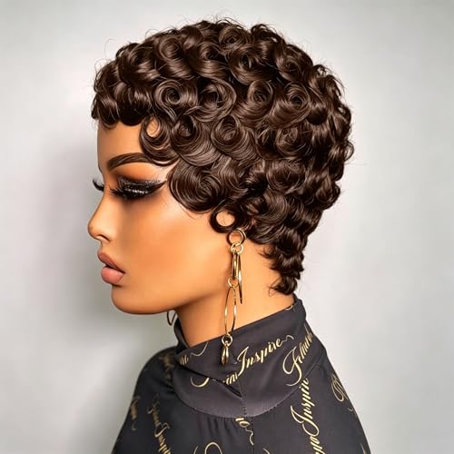 Short Curly Pixie Cut Human Hair Wig #4 Chocolate