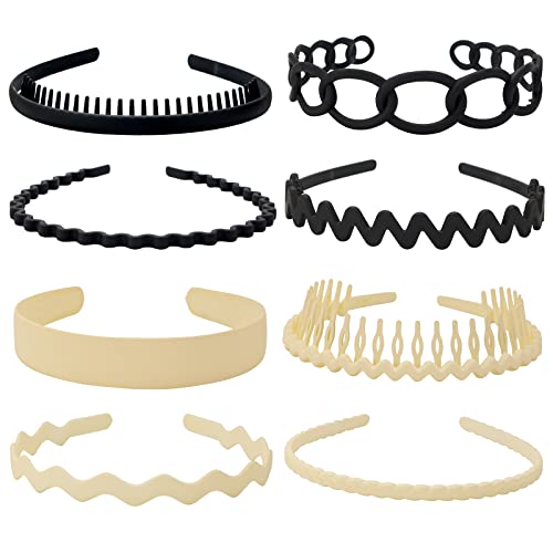 Drnytunk Unisex Hair Band 8Pcs Plastic Headband with Teeth Head Bands Combing Hairbands Wavy Outdoor Sports Headbands for Men's Hair Band Women Accessories Non Slip Head Band Headwear,Black and White