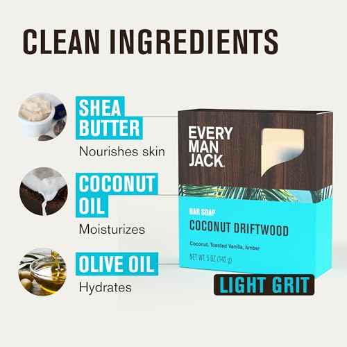 Every Man Jack Cold Processed Mens Bar Soap - Coconut + Driftwood Scent - Deeply Cleans & Hydrates with Shea Butter and Coconut Oil - (3 Pack)