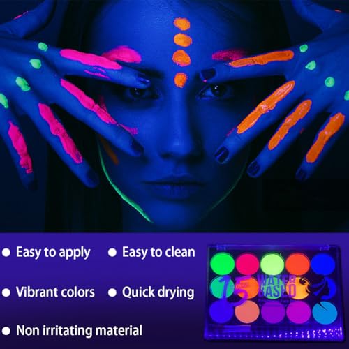 Glow UV Blacklight Face Paint - 15 Neon Colors Water-Based
