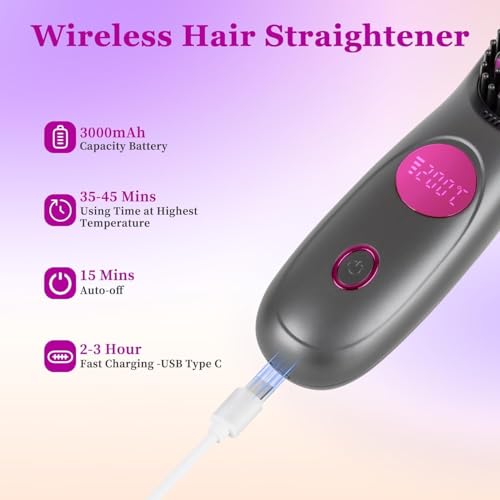 Cordless Hair Straightener Brush with LED Display - 3 Heat Settings