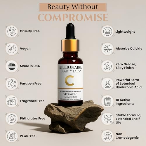 Billionaire Beauty Labs Vitamin C Serum for Face - Anti Aging Brightening Serum with Hyaluronic Acid & Vitamin E - Hydrating Facial Serum for Radiance, Fine Lines & Wrinkles - Made in USA 1 fl oz