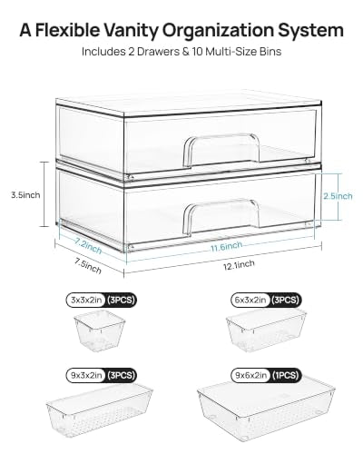 Vtopmart 12-Pack Clear Makeup Organizer Set with Stackable Drawers