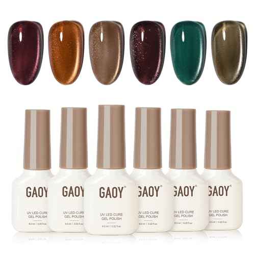 GAOY Glitter Cat Eye Gel Nail Polish Set with Magnet, 6 Colors Brown Green Purple Gold, Holographic Shimmer UV Soak Off Gel Polish for Salon & DIY Nail Art