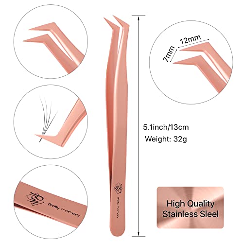 Pretty memory Volume Lash Tweezers,Stainless Steel Eyelash Extension Tweezers, Professional Precision Mega Curved Angled Tweezer, Rose Gold