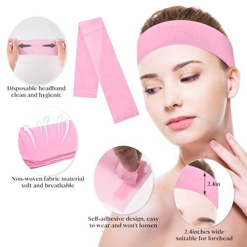 YUXIANLB 30 Pieces Disposable Spa Facial Headbands, Stretch Non-Woven Skincare Headband, Soft Skincare Hair Band with Adjustable Magic Tape for Women Girls Salons Esthetician Supplies (Pink)