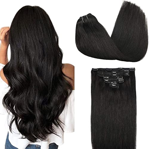 GOO GOO Clip-in Hair Extensions for Women, Soft & Natural, Handmade Real Human Hair Extensions, Natural black, Long, Straight #1b, 7pcs 120g 18 inches