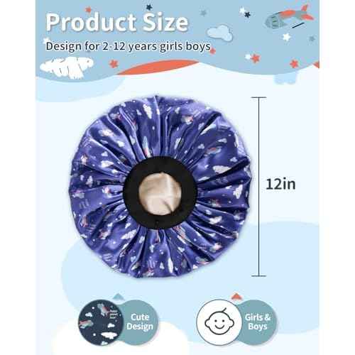 Kids Bonnet, Soft Silk Satin Bonnet for Girls Boys, Double Layer & Wide Elastic Band Kids Sleeping Cap, Adjustable Night Hat for Child Natural Hair Curly Hair (Blue Spaceship)
