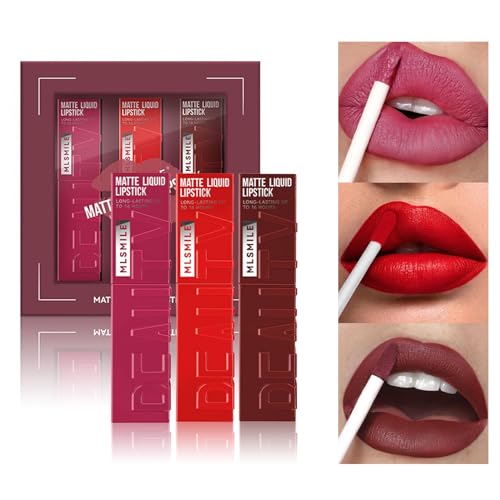Matte Liquid Lipstick Set, 3Pcs Long Lasting Velvety Nude Red