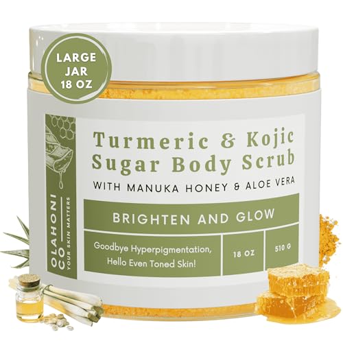Kojic Acid, Turmeric & Manuka Honey Sugar Scrub, Dark Spots & Brightening - Moisturize and Exfoliate - Body, Hands, Foot, Thighs, Armpits, Bikini Area - Even Skin Complexion - Made in USA - 18 oz Jar