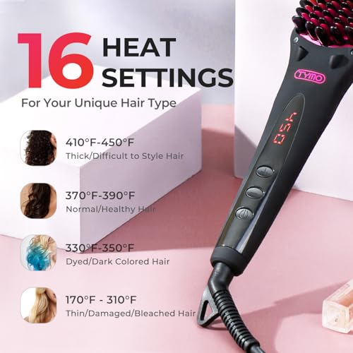 TYMO Ionic Hair Straightener Brush - 16 Heat Settings, Negative Ions, LCD, Dual Voltage