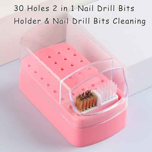 Nail Bit Holder & Nail Drill Bit Cleaner 2 in 1, 30 Holes Nail Drill Holder Organizer Nail Bit Brush Cleaner Drill Bit Holder for Nails Dustproof Stand Displayer Storage Box Tools