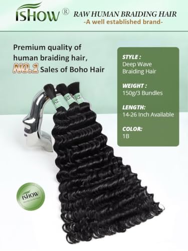 ISHOW Deep Wave Virgin Human Hair Bundles 24 Inch 150g - Boho 1B, 3 Pack