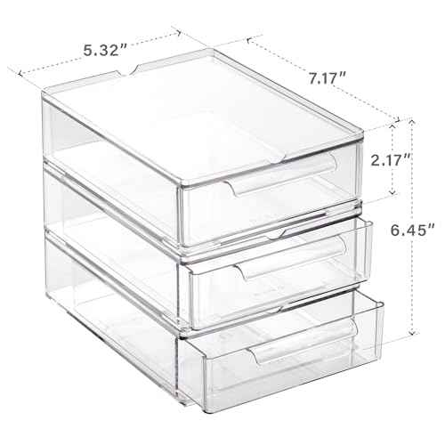 BINO | Clear Stackable Storage Drawers, Small - 3 Pack | Clear Storage Drawers with Built-In Handles | Durable Plastic Organizer Drawer | Modular Stackable Drawer Acrylic Organizer
