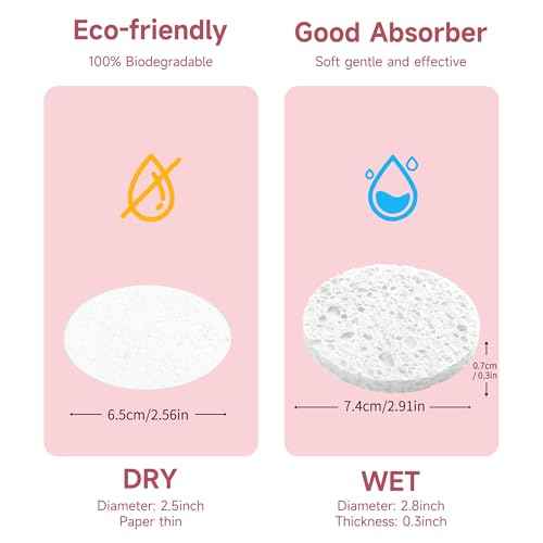 100 Count Compressed Facial Sponges 100% Natural Cellulose Eco-Friendly Makeup Sponges for Gentle Cleansing, Exfoliating & Stubborn Makeup Removal Travel for Women (Round white)