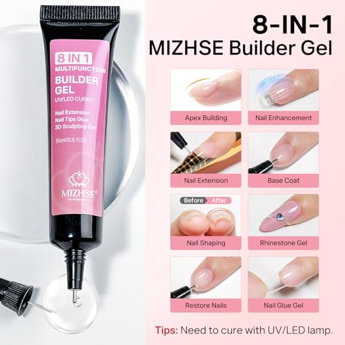 MIZHSE 8-in-1 Clear Builder Gel for Nails - Hard Extension Gel Kit (2 Pcs)