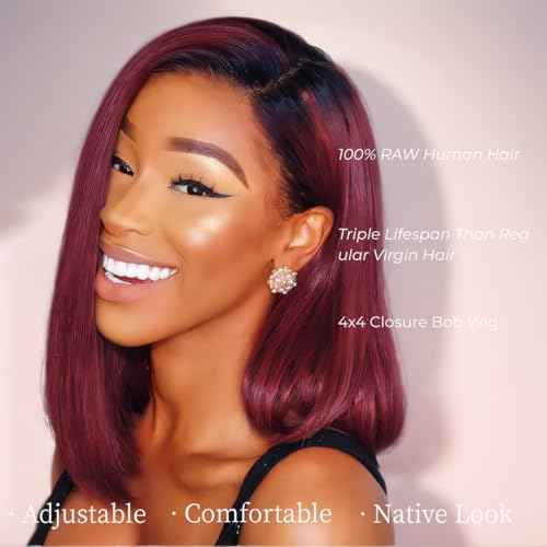 Burgundy Bob Wig Human Hair Closure Wigs Human Hair Wear and Go Glueless Wig 14 Inch HD Lace Closure Short Wig Human Hair 180% Density 18A Grade Triple Lifespan than Regular Virgin Hair Colored #1B99J